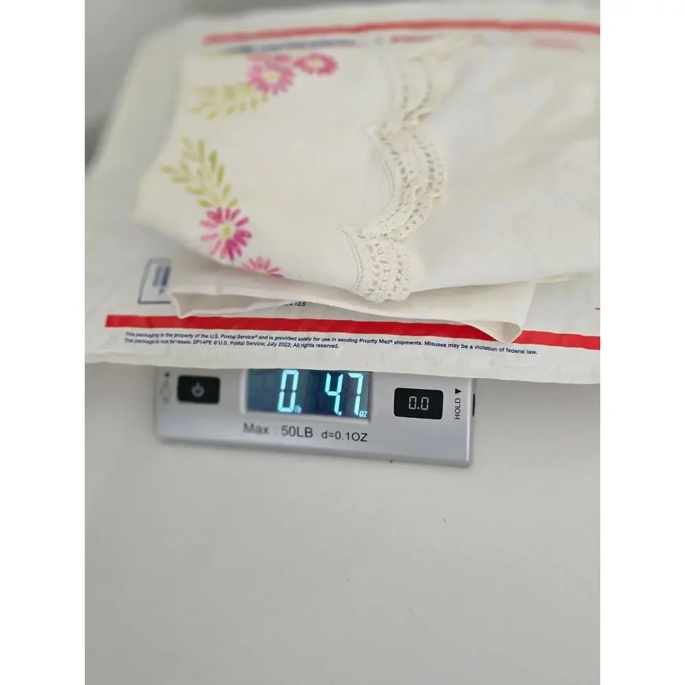 Vintage Hand Embroidered Pillowcase Scalloped Hem Cottagecore Farmhouse Floral